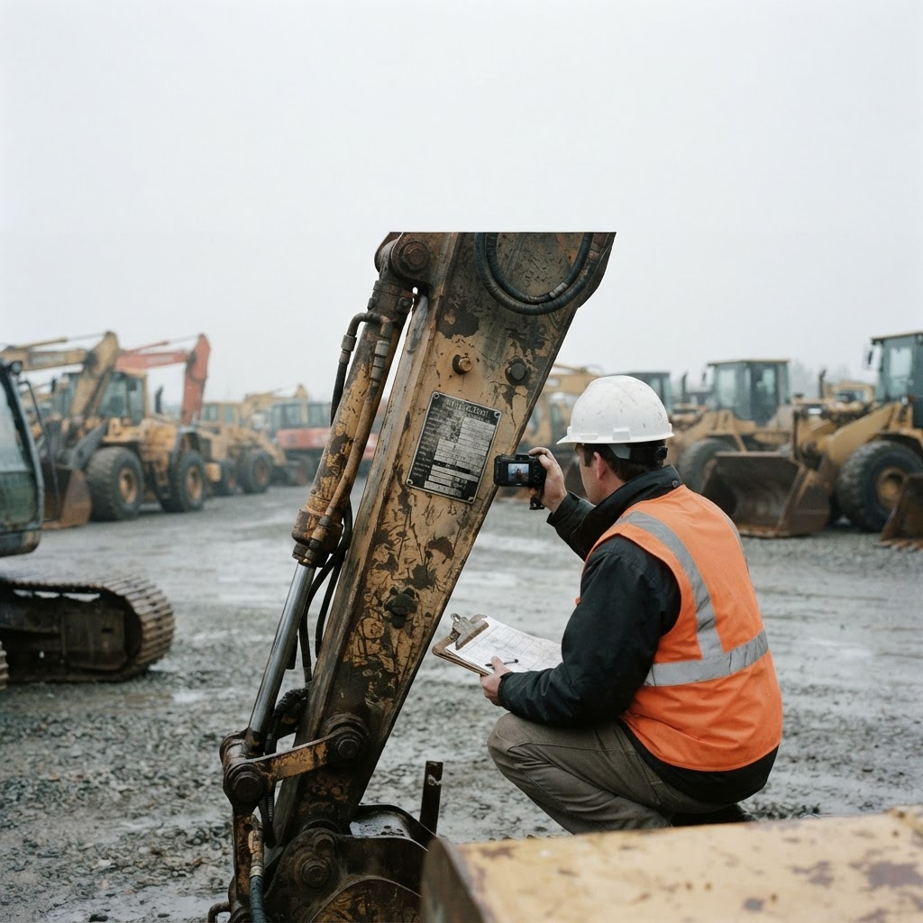 A RegiVerify field assessor photographing the serial data plate of a used tracked excavator during a yard audit